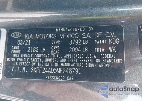 2021 Kia Forte Lxs from USA, damaged, VIN 3KPF24AD5ME348791